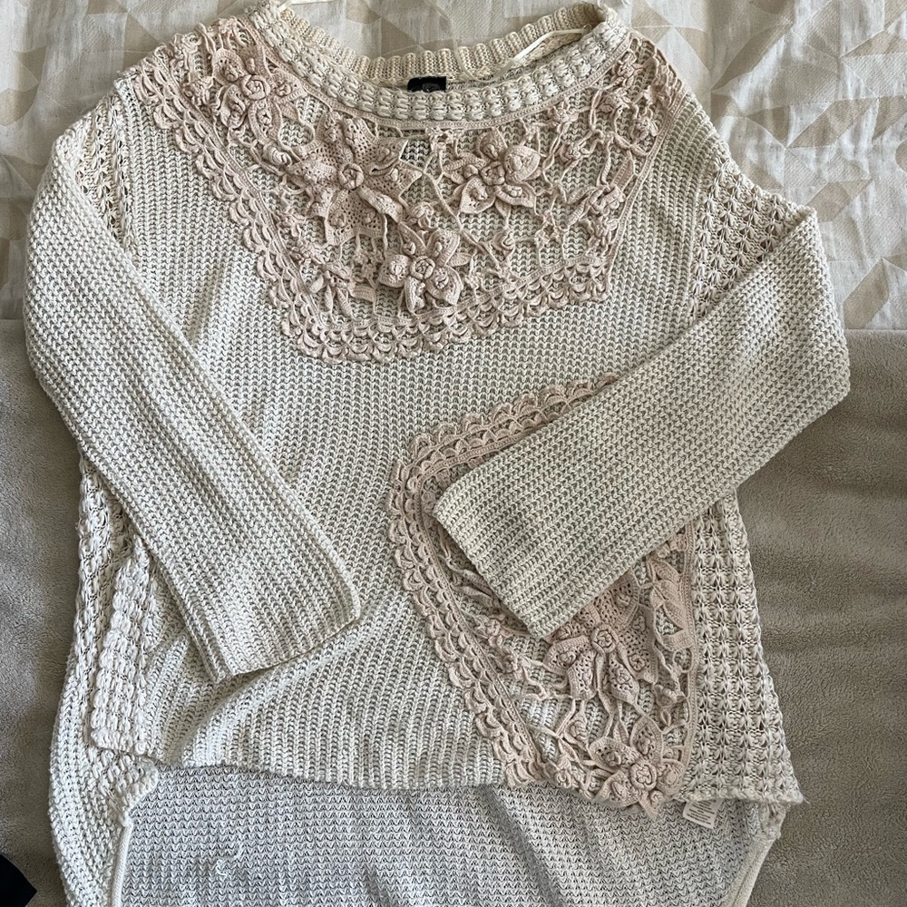 Free People Cream Crochet Floral Knit Sweater